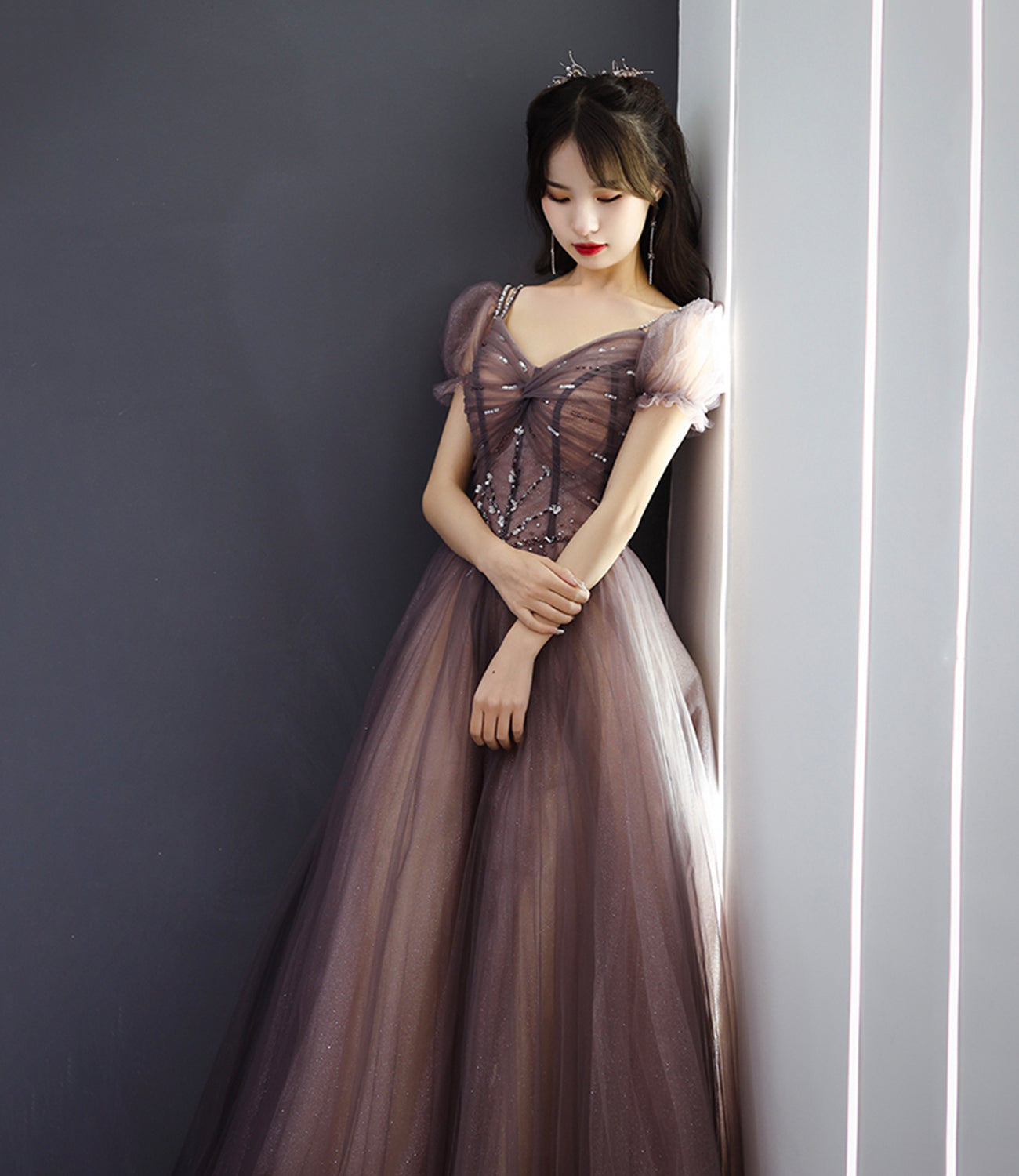 Cute tulle beads long prom dress A line evening dress  10498