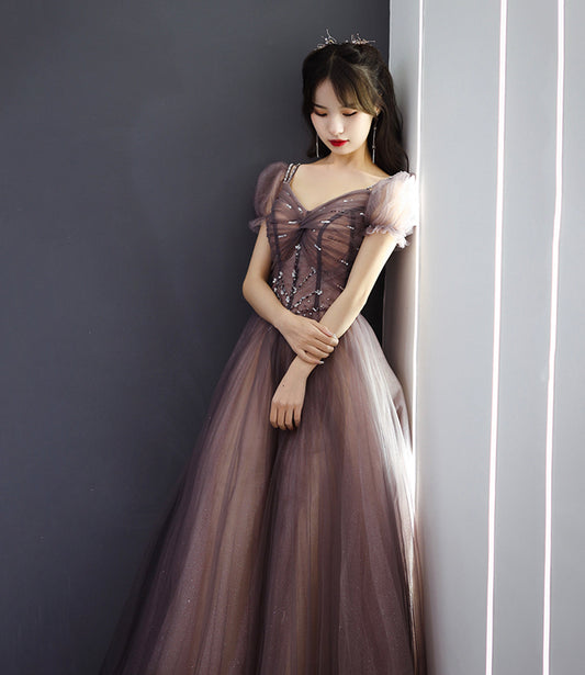 Cute tulle beads long prom dress A line evening dress  10498