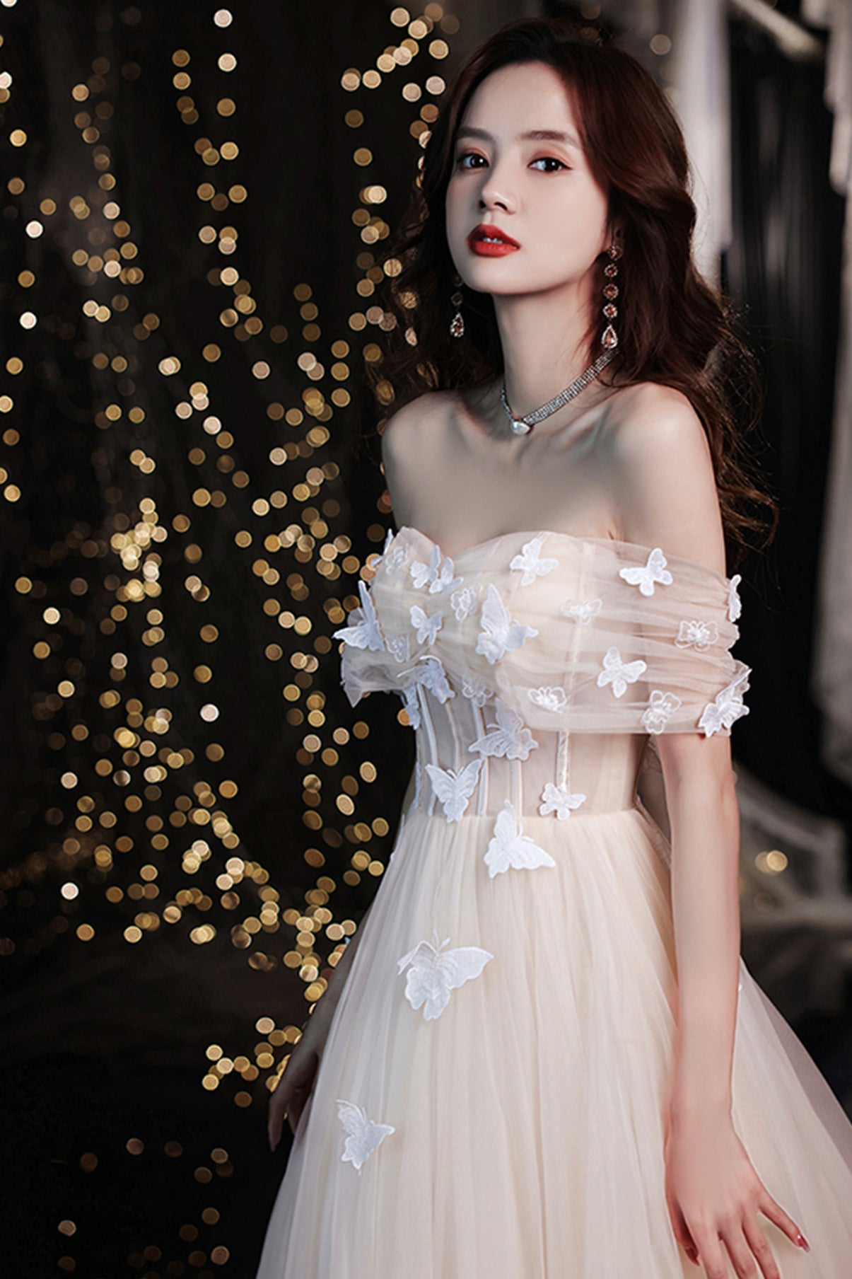 Champagne tulle long A line prom dress evening dress  8716