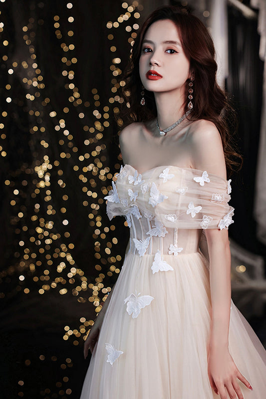 Champagne tulle long A line prom dress evening dress  8716