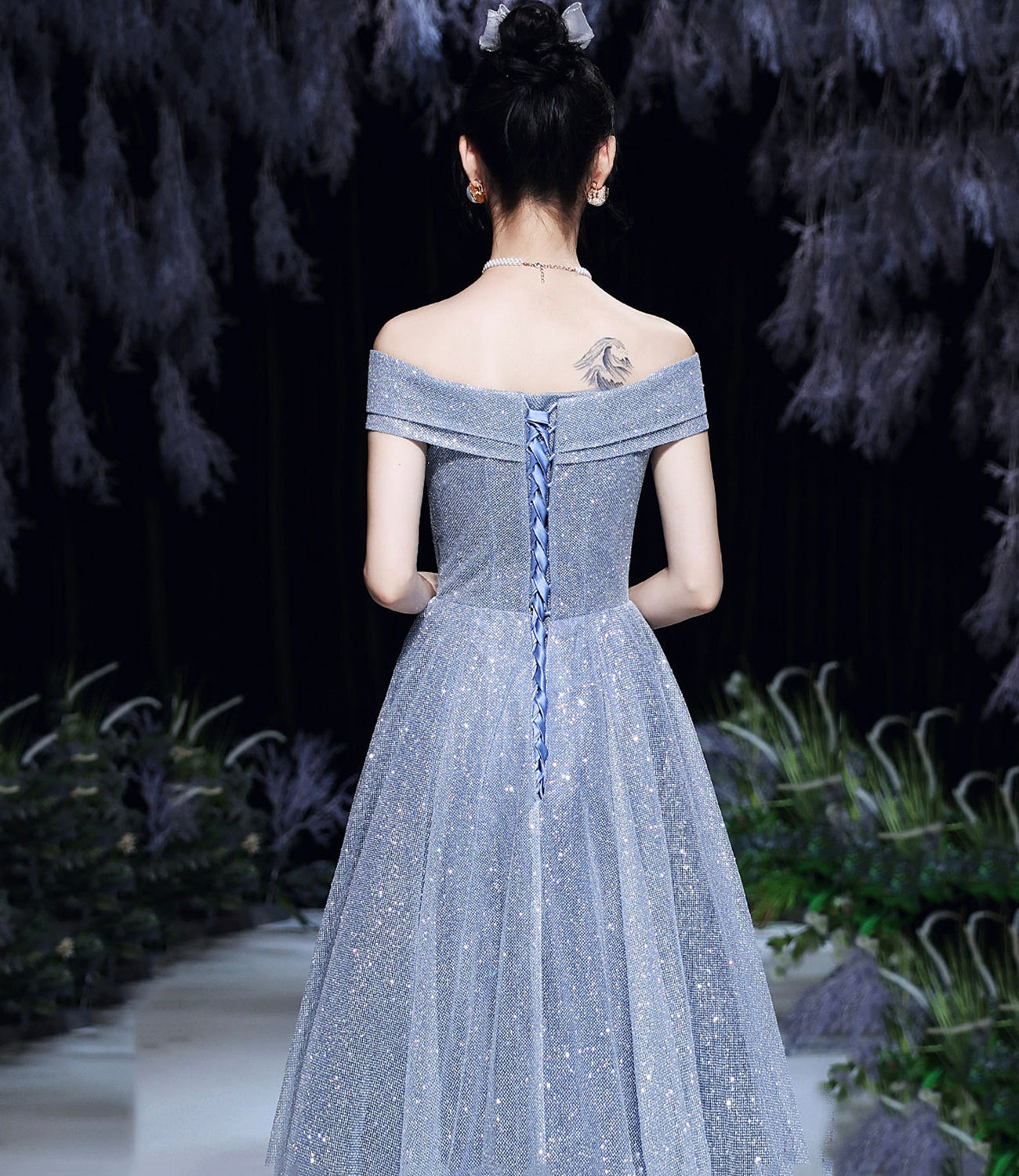 Blue tulle sequins long prom dress blue evening dress  10465