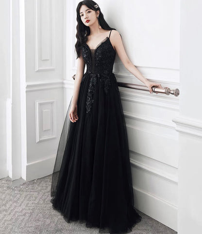 Black tulle sequins long prom dress evening dress  10391