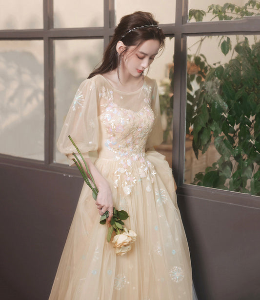 Champagne tulle lace long prom gown evening gown  8944