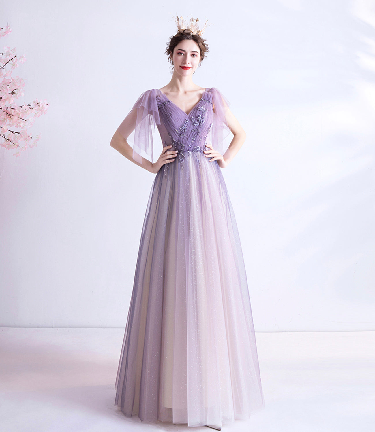 Purple v neck tulle long prom dress A line evening gown  10130