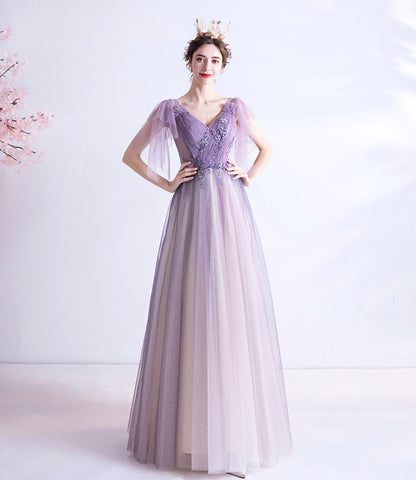 Purple v neck tulle long prom dress A line evening gown  10130