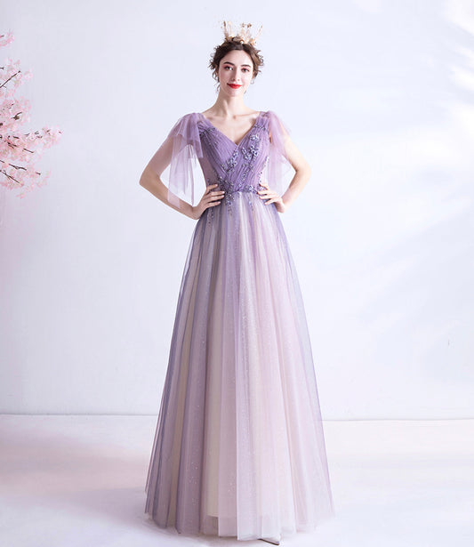 Purple v neck tulle long prom dress A line evening gown  10130