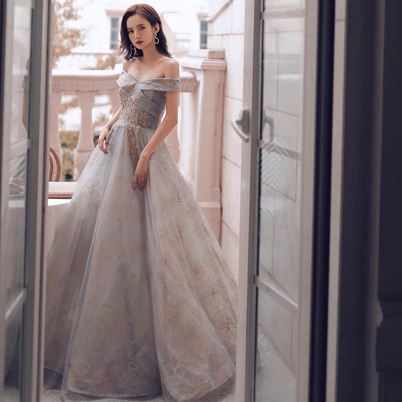 Cute tulle sequins long prom dress A line evening gown  10124