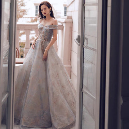 Cute tulle sequins long prom dress A line evening gown  10124