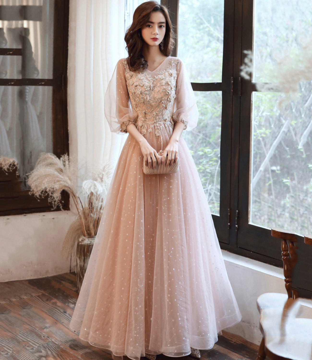 Cute tulle lace long prom dress A line evening dress  10554