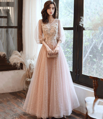 Cute tulle lace long prom dress A line evening dress  10554