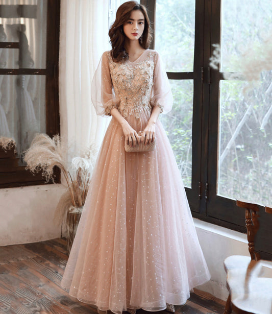 Cute tulle lace long prom dress A line evening dress  10554
