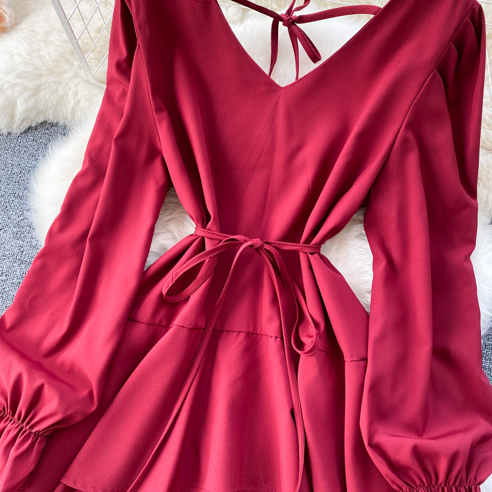 Simple V Neck Long Sleeve Dress Fashion Dress  10775
