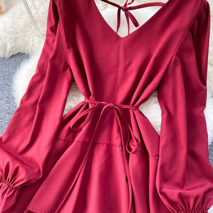 Simple V Neck Long Sleeve Dress Fashion Dress  10775