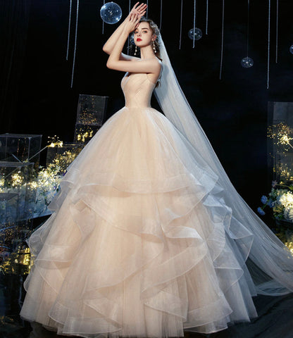 Champagne tulle long prom dress A line evening gown  10236