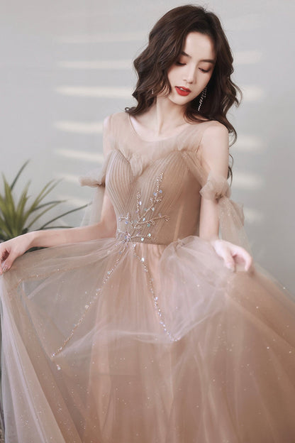 Cute tulle sequins long A line prom dress evening dress  8705