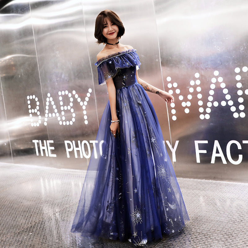 Blue tulle long prom dress with stars  8481