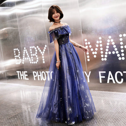 Blue tulle long prom dress with stars  8481