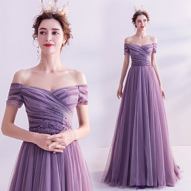 Purple tulle long prom dress A line evening dress  8562