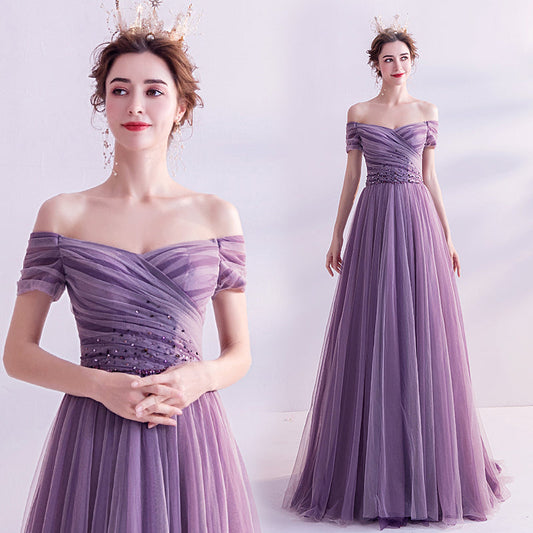 Purple tulle long prom dress A line evening dress  8562