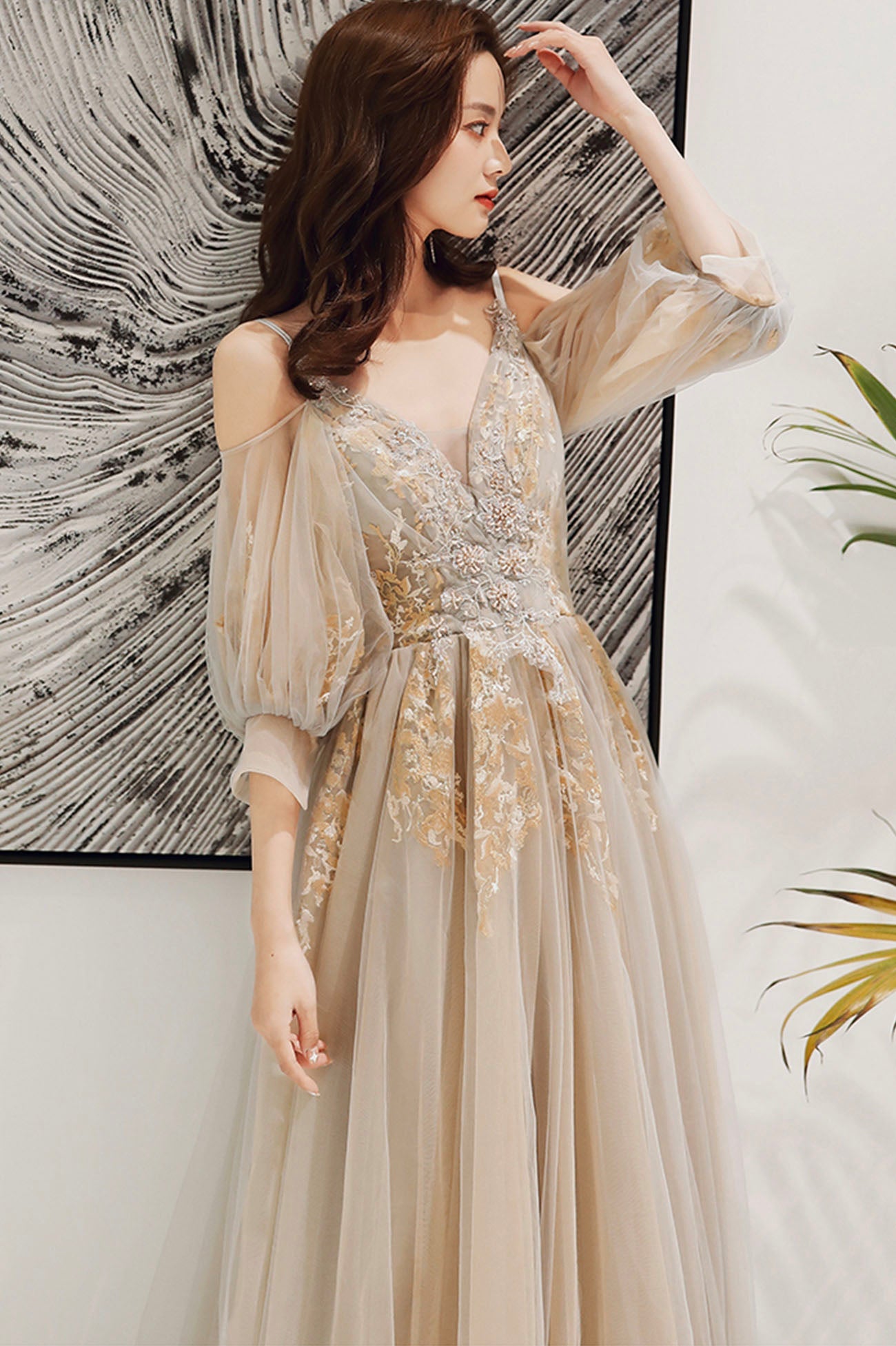 Elegant tulle lace long prom dress evening dress  10172