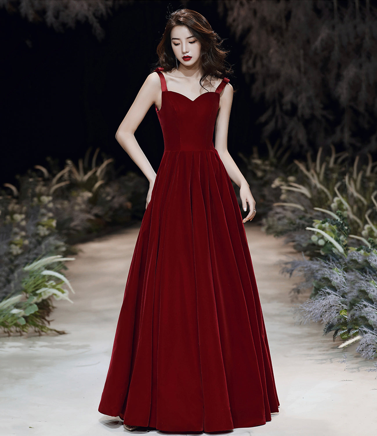 Burgundy velvet long A line prom dress evening dress  8699