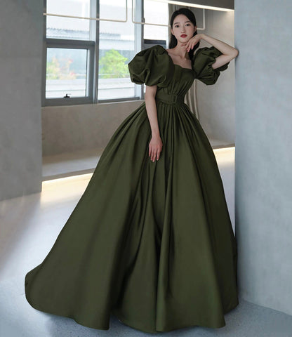 Green satin long A line princess gown formal gown  10192
