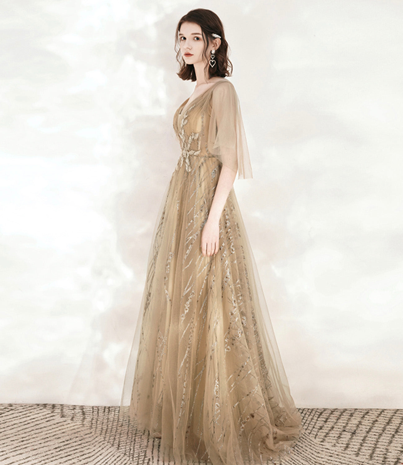 Champagne tulle sequins long prom dress A line evening dress  10548