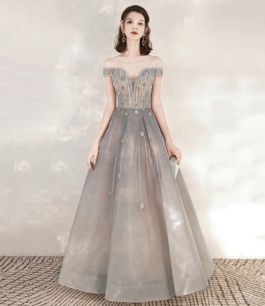 Gray tulle sequins long prom dress with star  10545