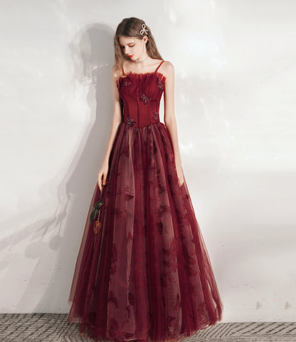 Burgundy tulle long A line prm dress evening dress  8799