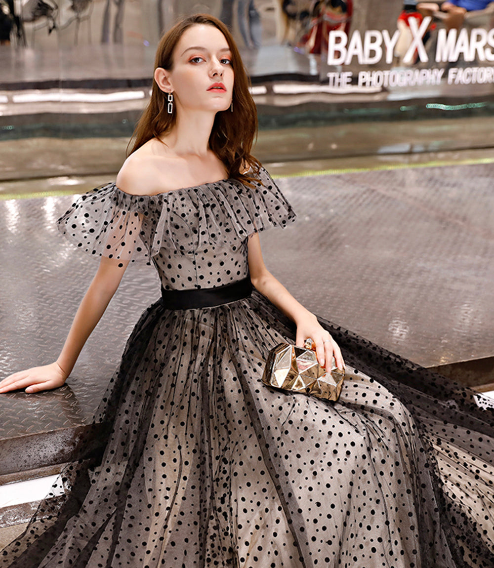 Black tulle long prom dress black evening dress  8520