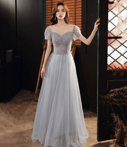 Cute tulle beads long A line prom dress evening dress  8727