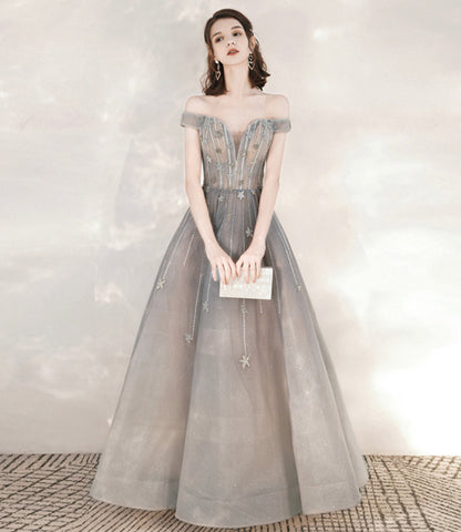 Gray tulle sequins long prom dress with star  10545
