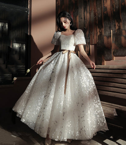 Sweet A line sequins long prom dress white evening dress  8675
