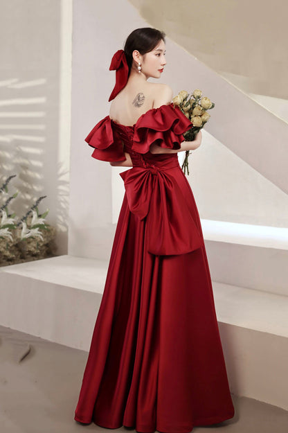 Burgundy satin long prom dress A line evening dress  10601