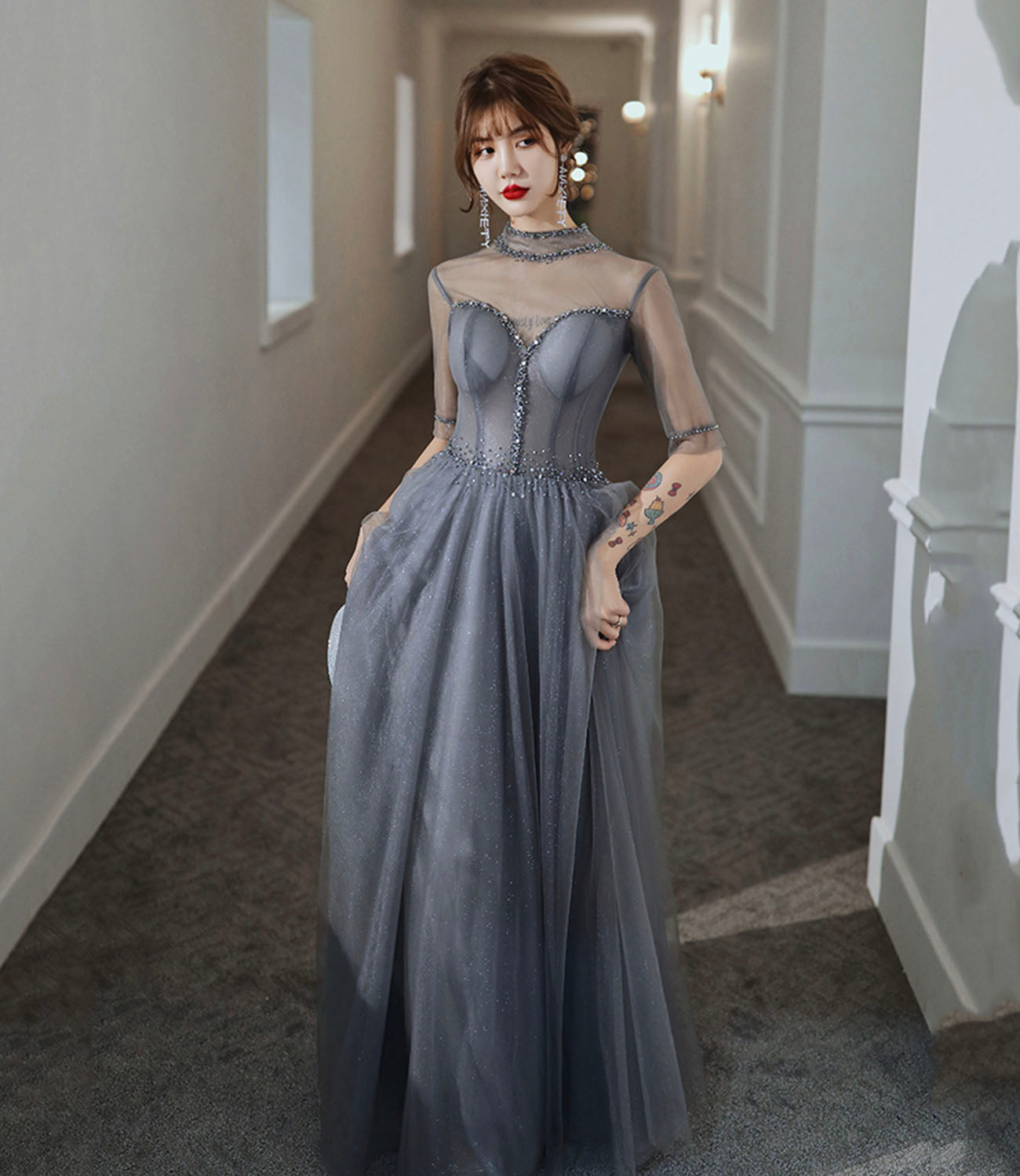 Gray tulle beads long prom dress A line evening gown  10278