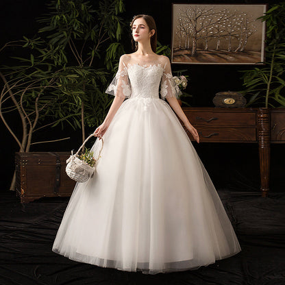 White tulle lace long prom dress A line evening gown  10088