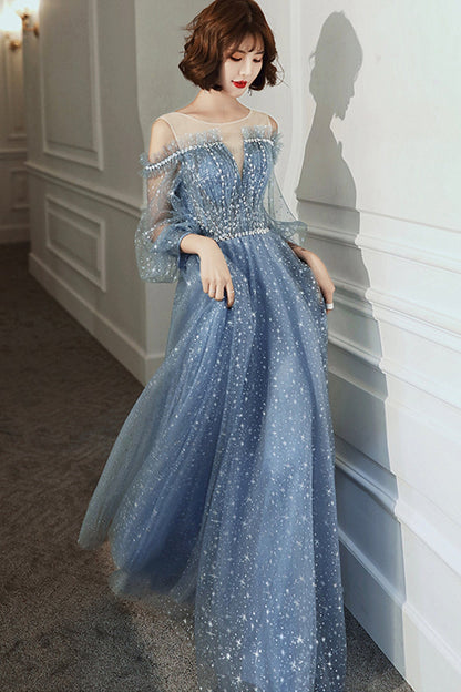 Blue tulle long A line prom dress blue evening dress  8759