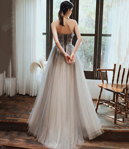Gray tulle sequins long prom dress A line evening gown  10376