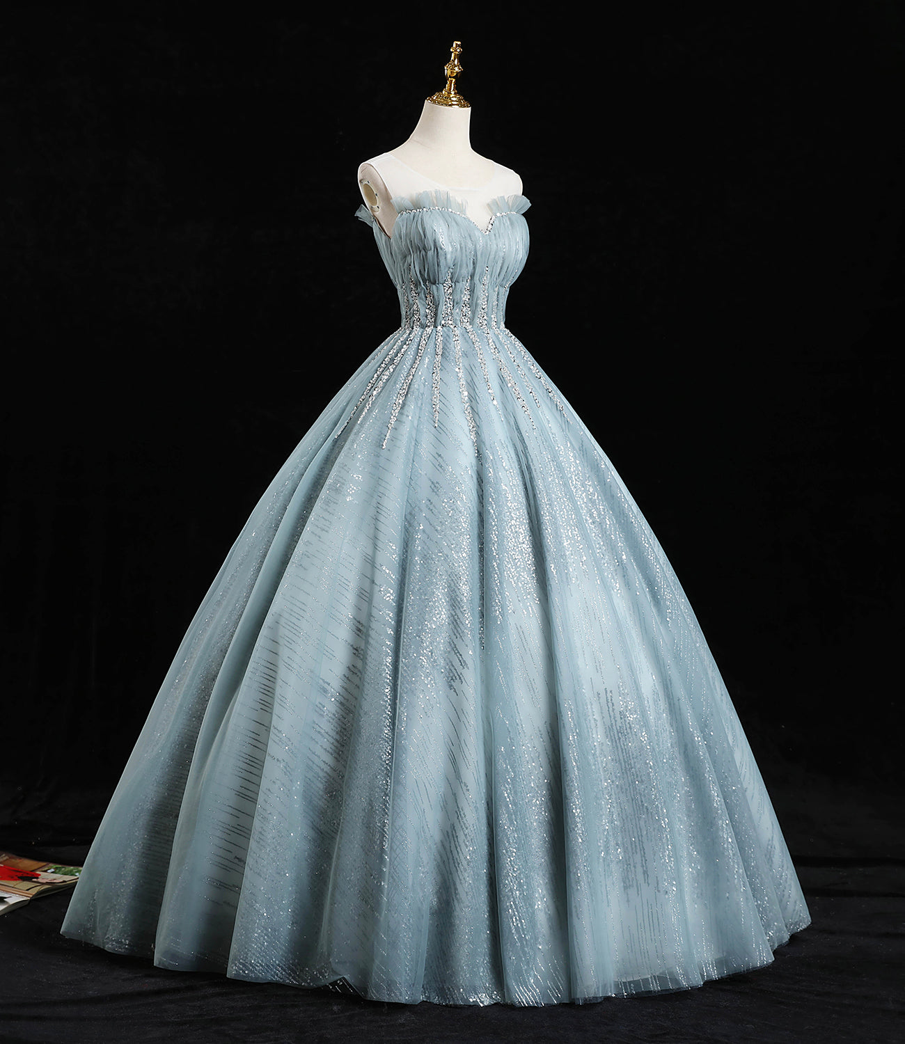 Blue tulle sequins long prom dress A line formal dress  10456