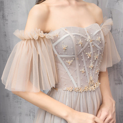 Champagne tulle beads prom dress evening dress  8494