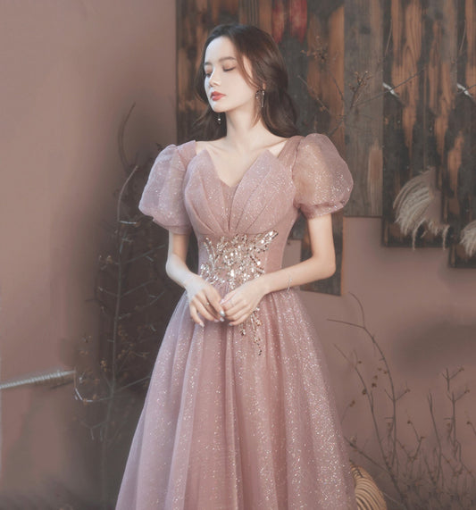 Pink tulle sequins long prom dress A line evening gown  10015