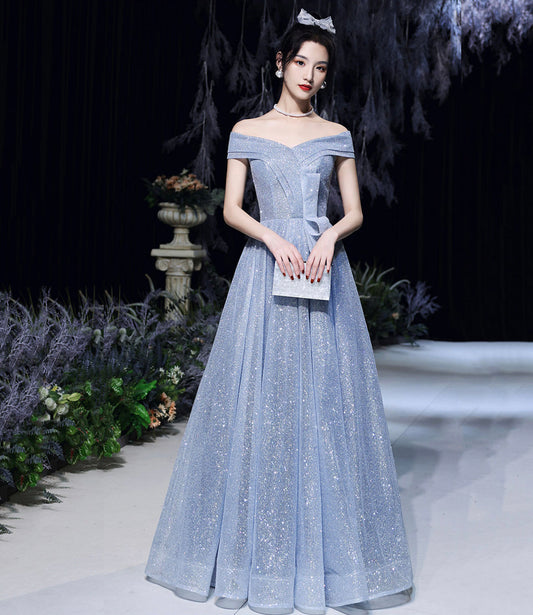 Blue tulle sequins long prom dress blue evening dress  10465