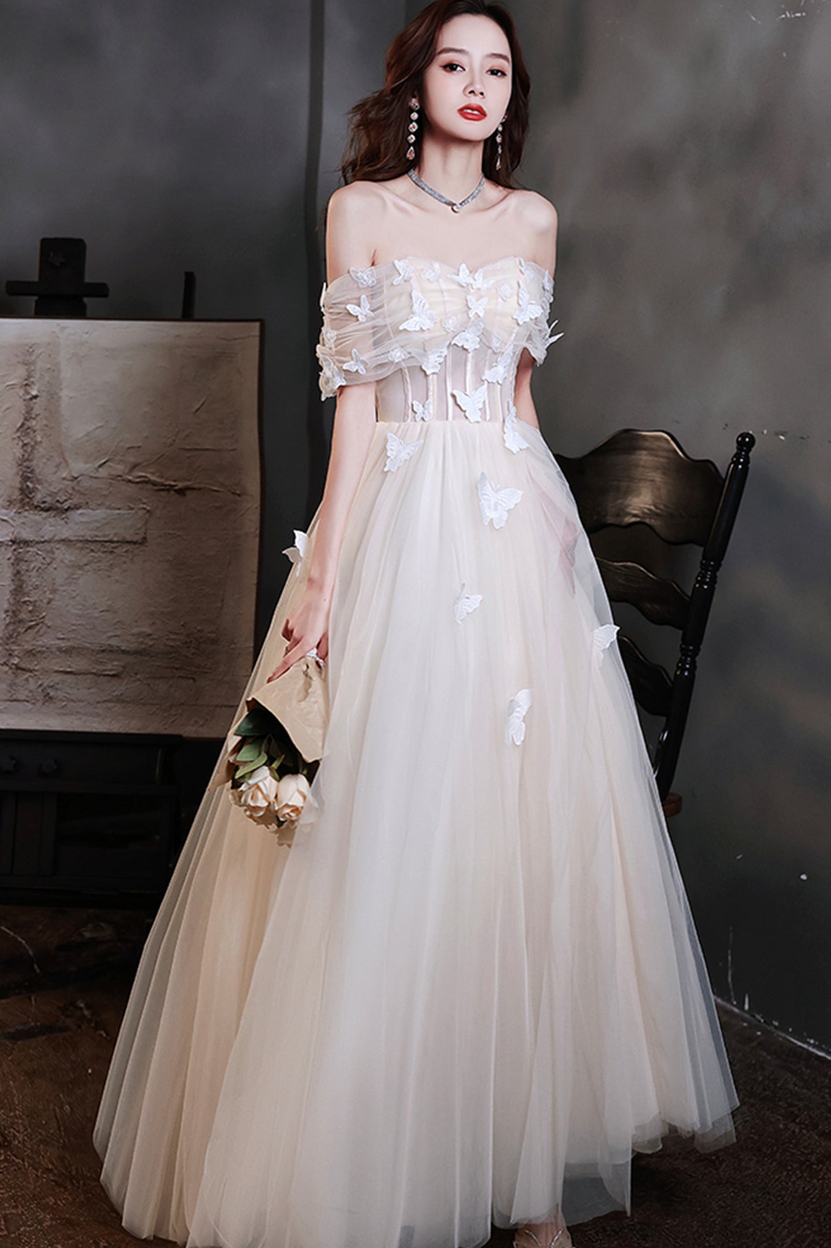 Champagne tulle long A line prom dress evening dress  8716