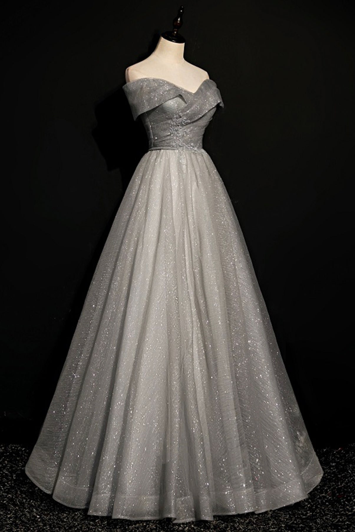 Gray tulle sequins long A line prom dress evening dress  8701
