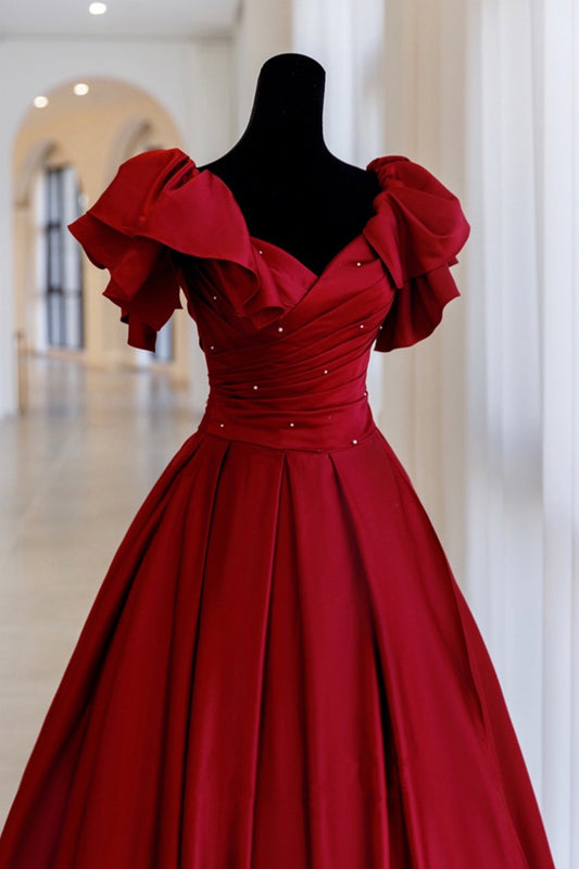 Burgundy Vintage Fashion Exquisite Beading A-Line Long Satin Ball Gown Evening Dress 8720