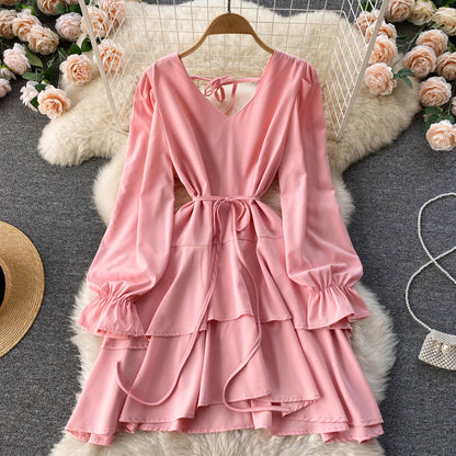 Simple V Neck Long Sleeve Dress Fashion Dress  10775