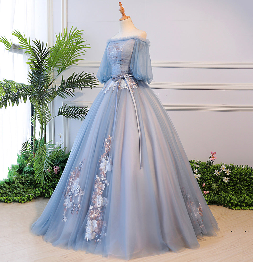 Blue tulle lace long ball gown dress formal dress  8624