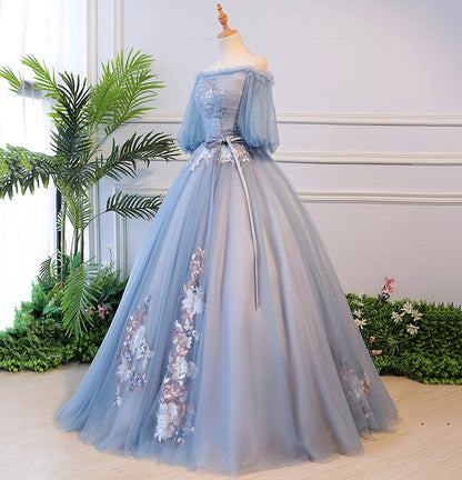 Blue tulle lace long ball gown dress formal dress  8624