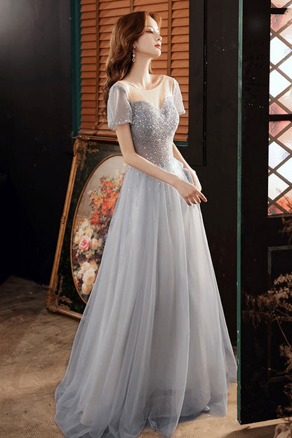 Cute tulle beads long A line prom dress evening dress  8727