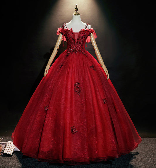 Burgundy lace long ball gown dress formal dress  8618